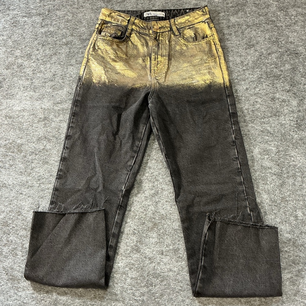Zara Spray Paint Style Metallic Gold and Black Jeans Size 2